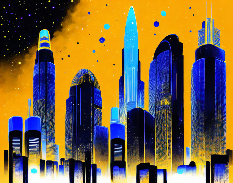 Vibrant blue cityscape with rocket-like building at night