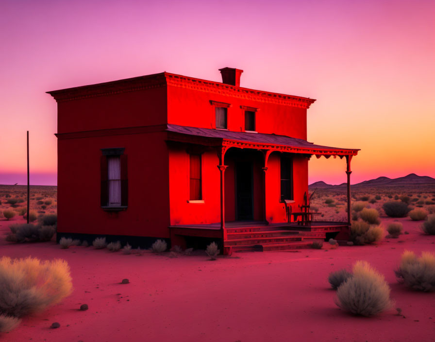 Red house with porch under purple and orange desert sunset sky