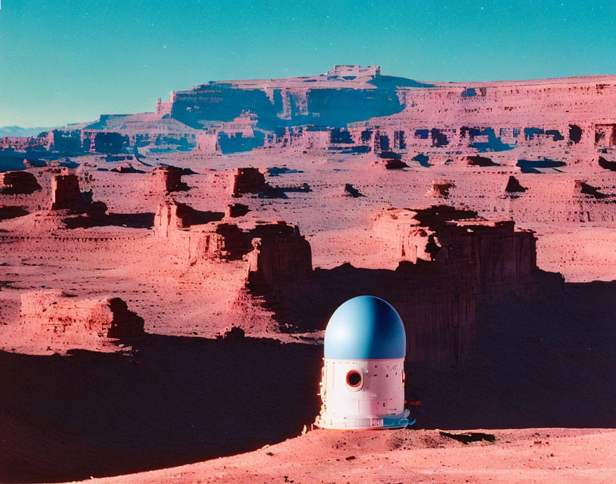 Mars-like landscape with towering rock formations and futuristic dome structure