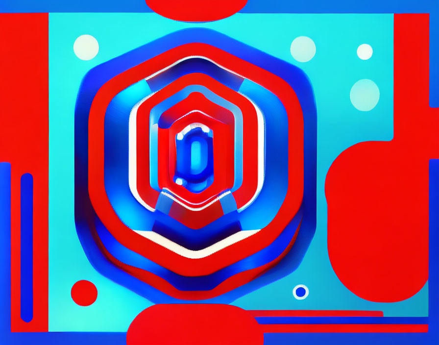 Layered concentric shapes in blue, red, and white on bright blue background