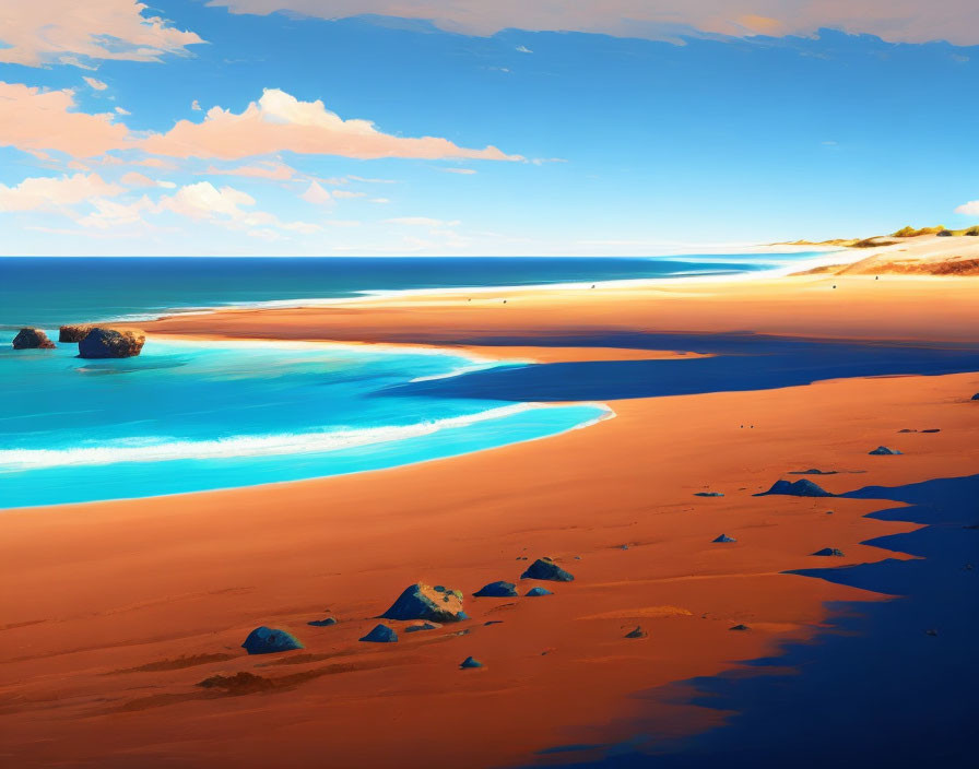 Coastal desert landscape with blue waters, orange sands, rocks, and clear sky