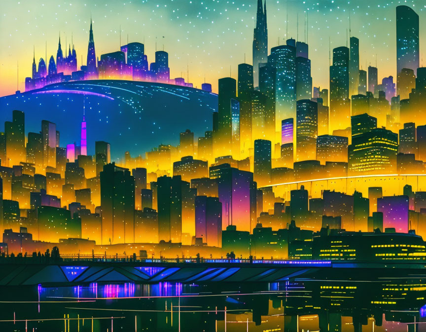 Futuristic night cityscape with neon lights and diverse buildings