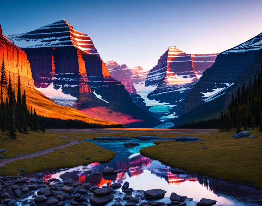 Scenic sunrise over mountain landscape with river and lake