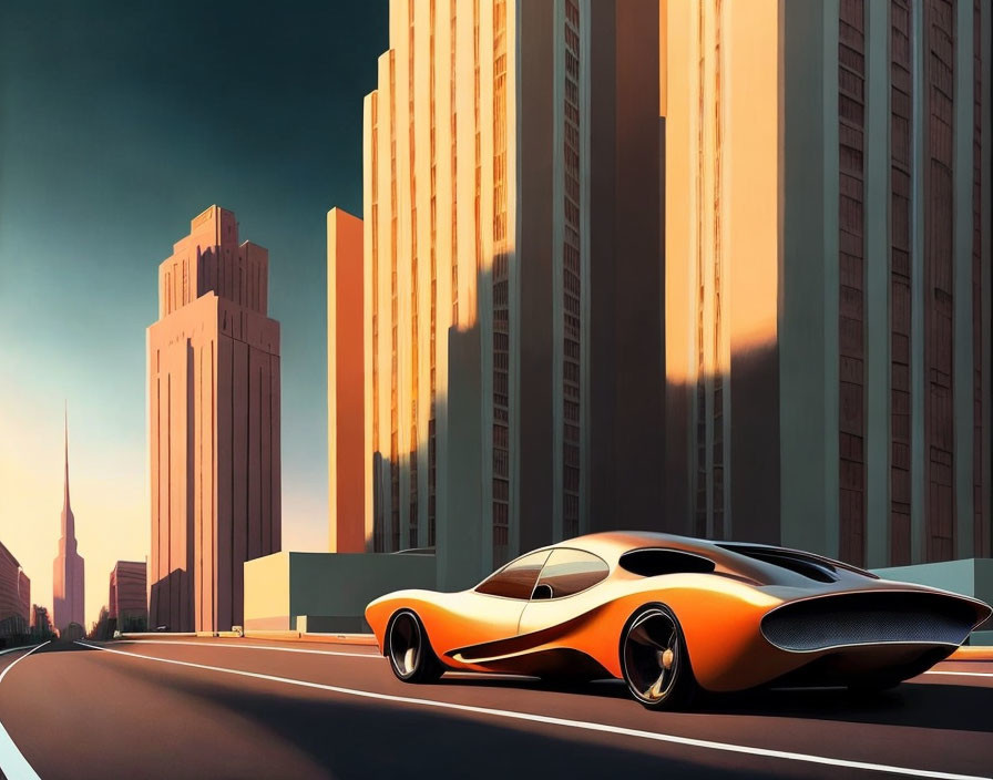 Futuristic orange car on empty city street at sunset