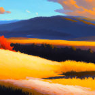 Colorful landscape painting: rolling hills, yellow and orange hues, red foliage, green trees, bright