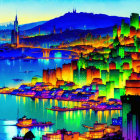 Neon-colored cityscape with skyscrapers, bridges, and mountain silhouette