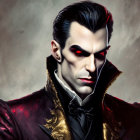 Menacing vampire with red eyes, slicked-back hair, high-collared cape