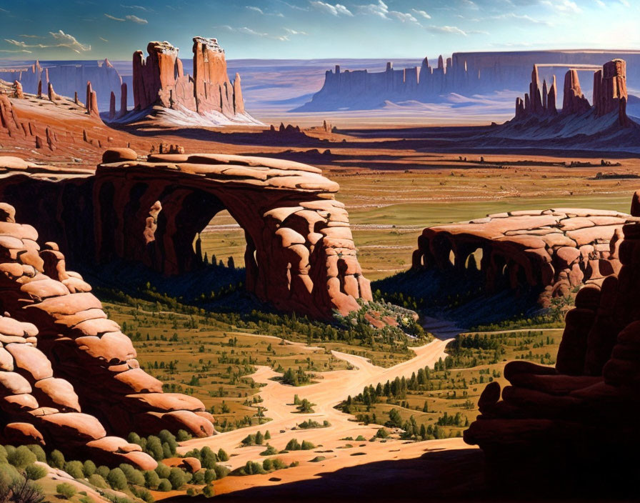 Desert landscape with sandstone arches, mesas, greenery under blue sky