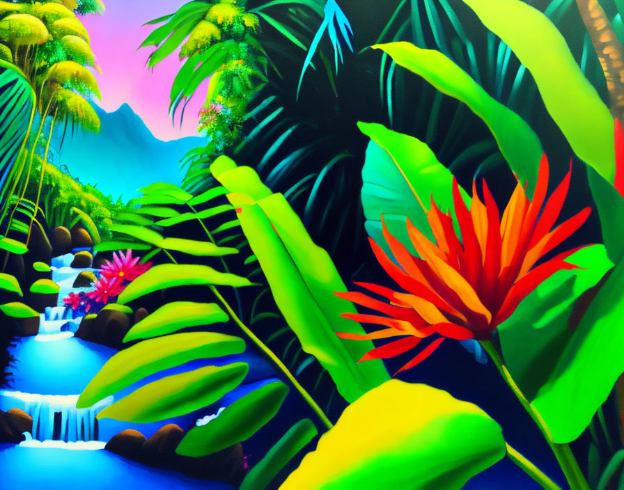 Tropical painting: lush greenery, stream, red flower, mountain, blue sky