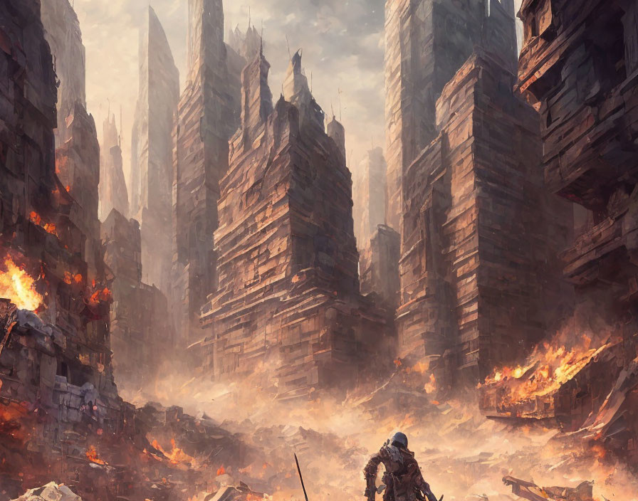 Warrior in Ruined City Amidst Fire and Smoke