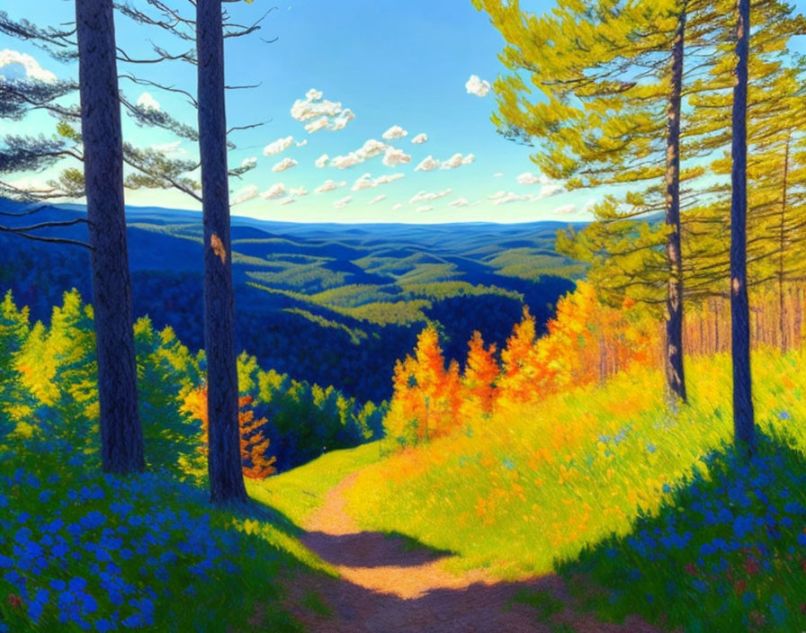 Colorful Forest Path Illustration: Lush Trees, Blue Sky, Valley View