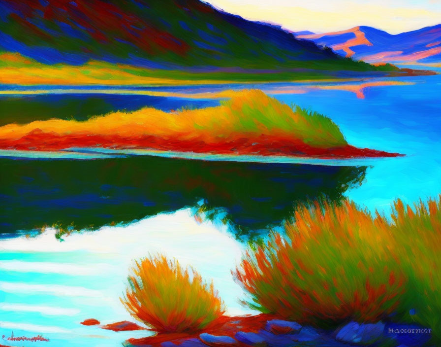 Colorful Impressionistic Landscape Painting with Serene Lake