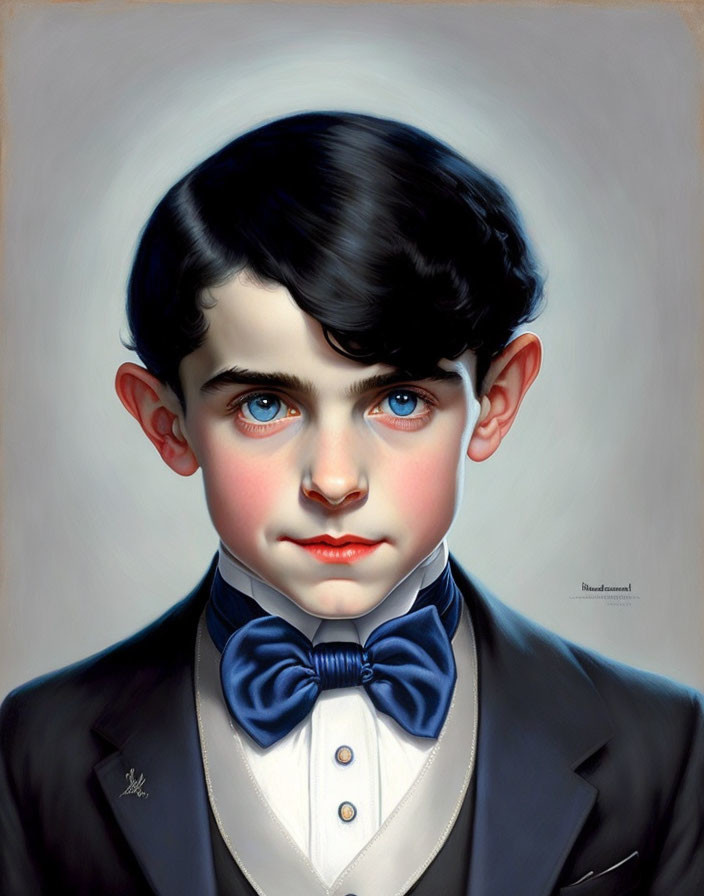 Portrait of a young boy in black suit with blue bow tie and red lips