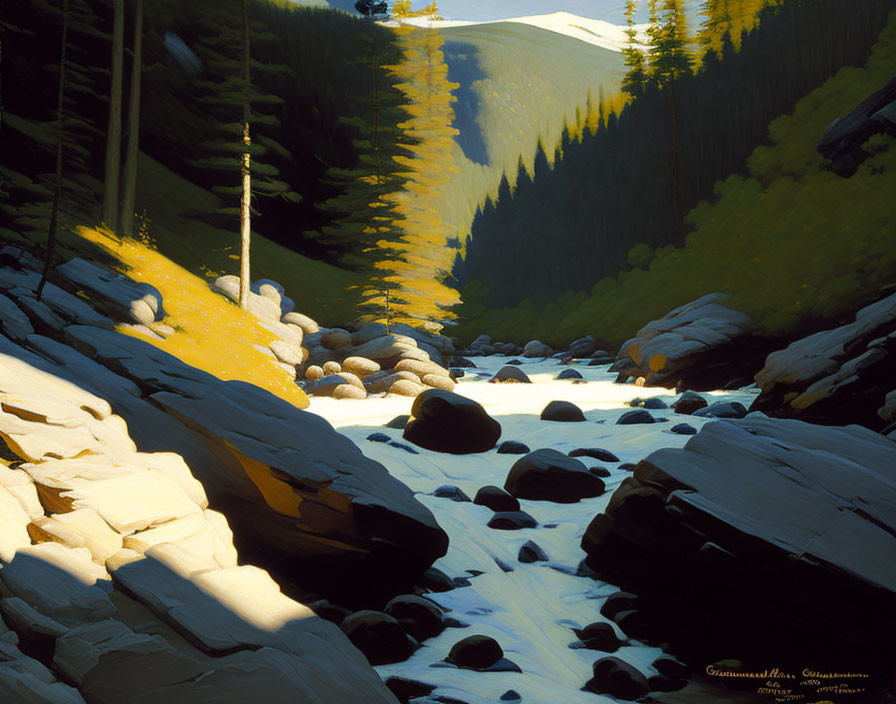 Forest Landscape: Sunlight on River with Rocky Banks