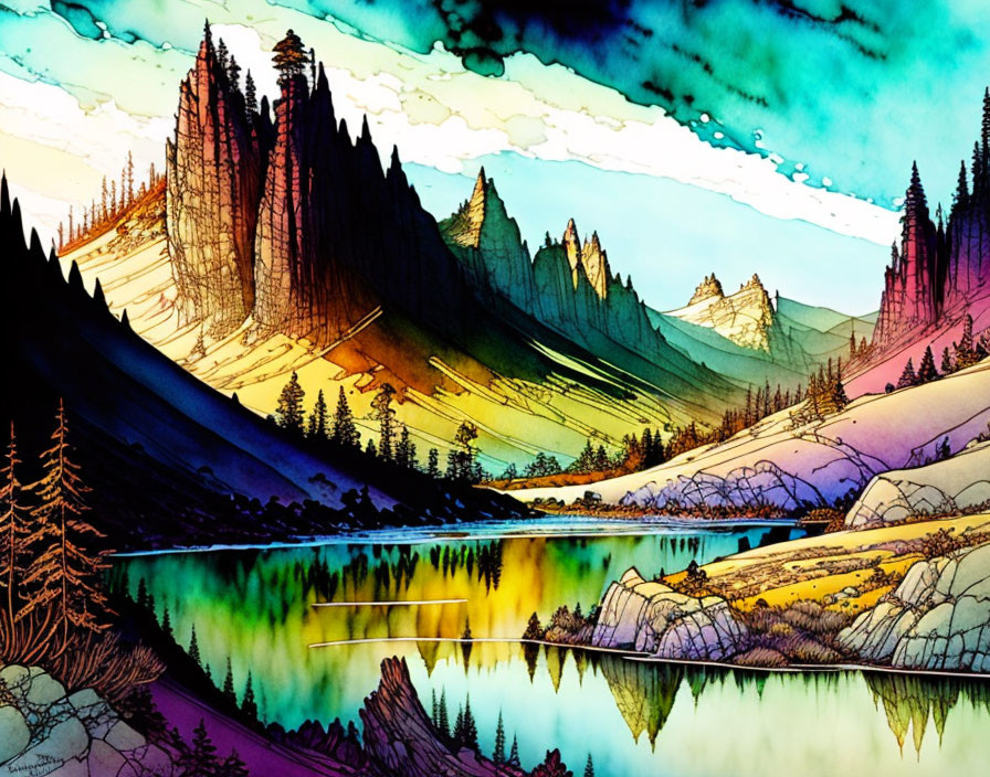 Colorful mountain landscape painting with reflective lake & surreal vegetation