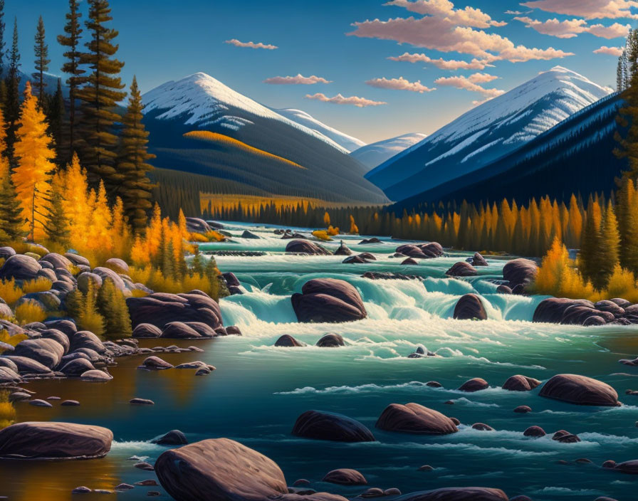 Serene river in autumnal forest with snow-capped mountains