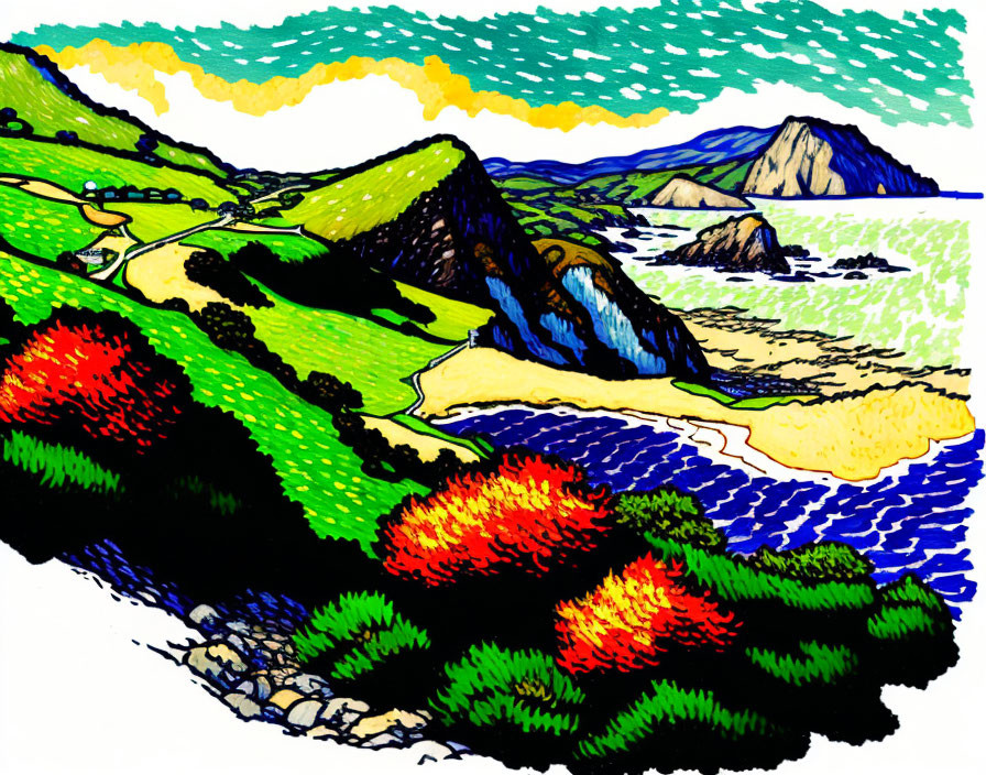 Colorful Stylized Landscape with Green Hills and Coastal Cliffs