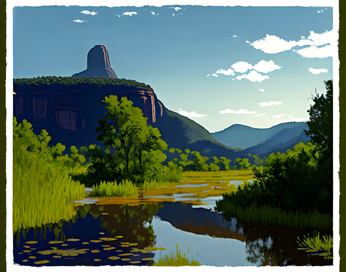 Serene landscape illustration with mountain, greenery, and water