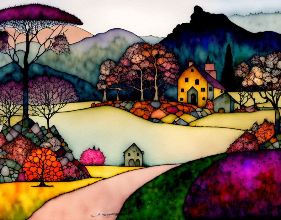 Colorful Stylized Landscape Painting: Yellow House, Winding Path, Vibrant Trees, Purple