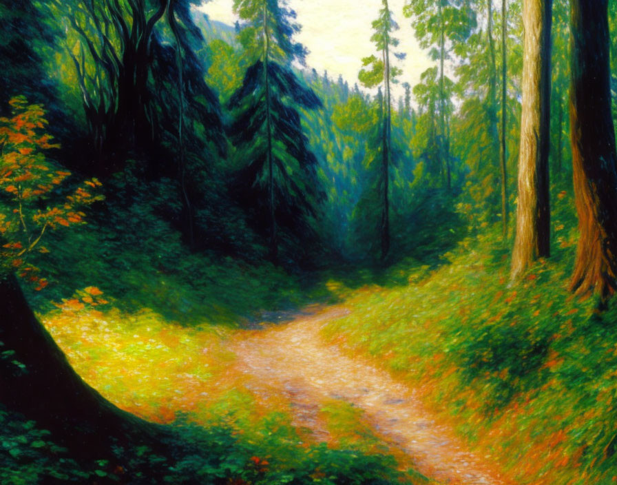 Sunlit Forest Path Through Dense Trees in Vibrant Painting