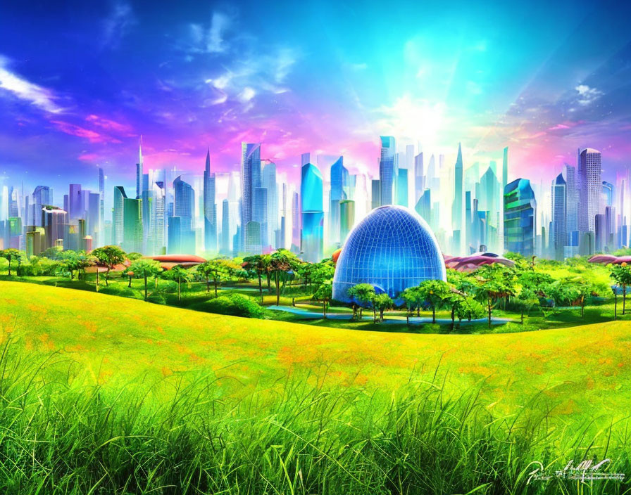 Futuristic cityscape with skyscrapers, greenery, and blue dome under clear sky