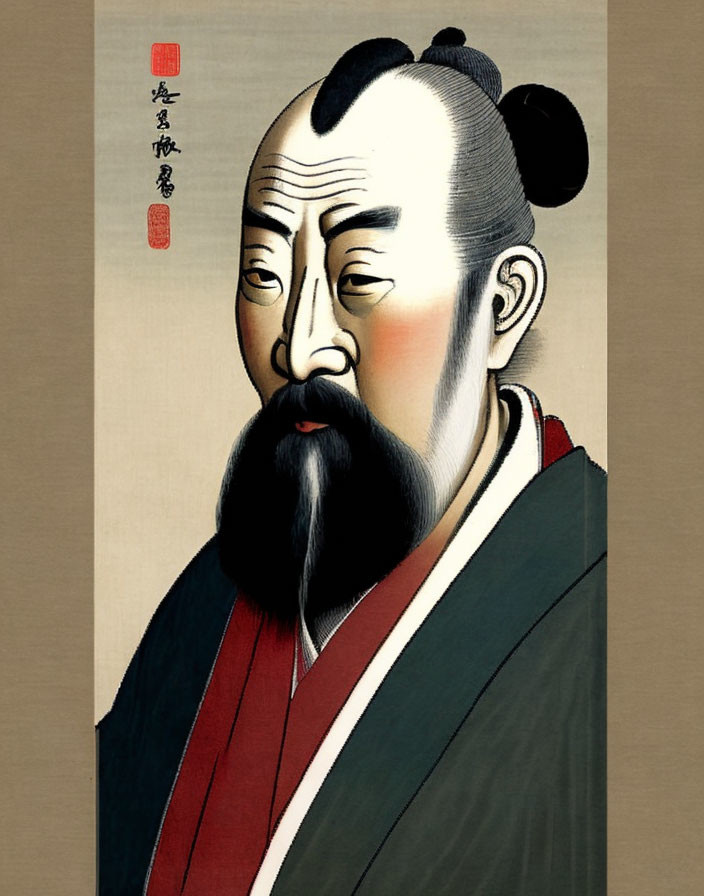 Traditional Japanese painting of a man in red and green robes with topknot and beard on beige background