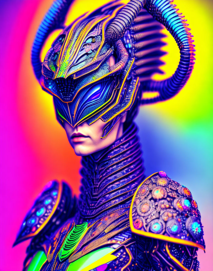 Colorful digital artwork of person in alien-like armor on rainbow background