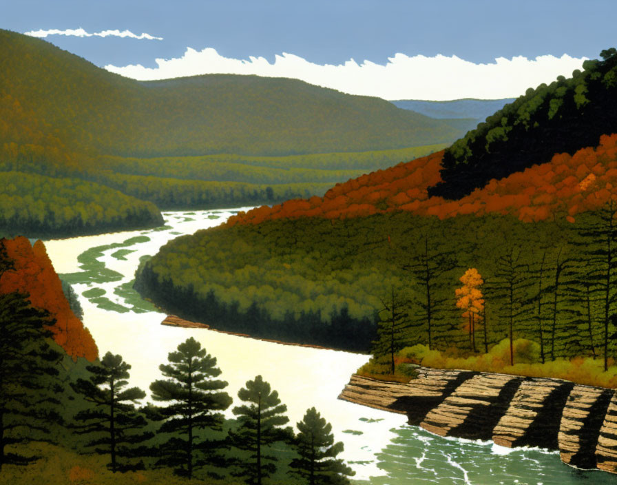 Autumn forest river painting with mountains