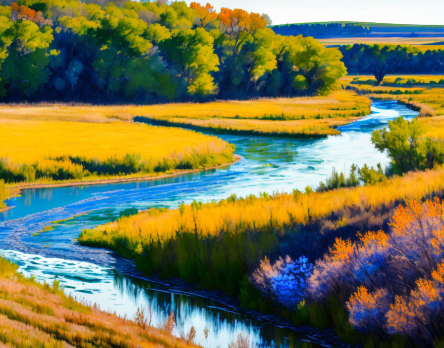 Colorful autumn landscape with meandering river and vibrant trees