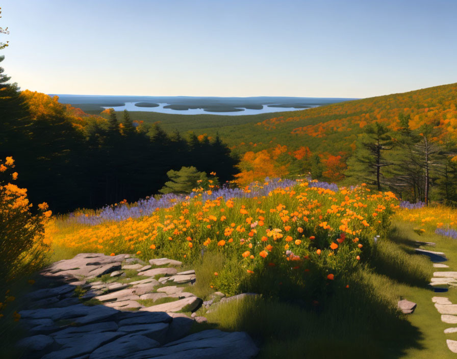 Tranquil autumn landscape with orange foliage, stone path, wildflowers, and distant blue lake.