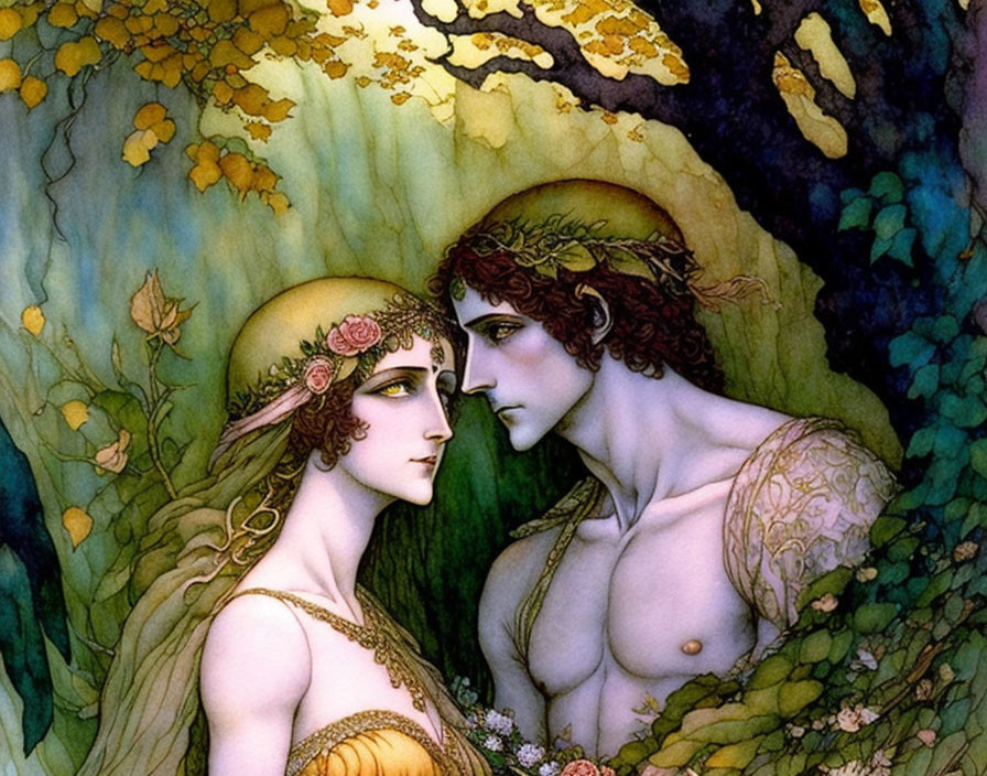 Art Nouveau style illustration of man and woman in romantic forest with intricate floral patterns