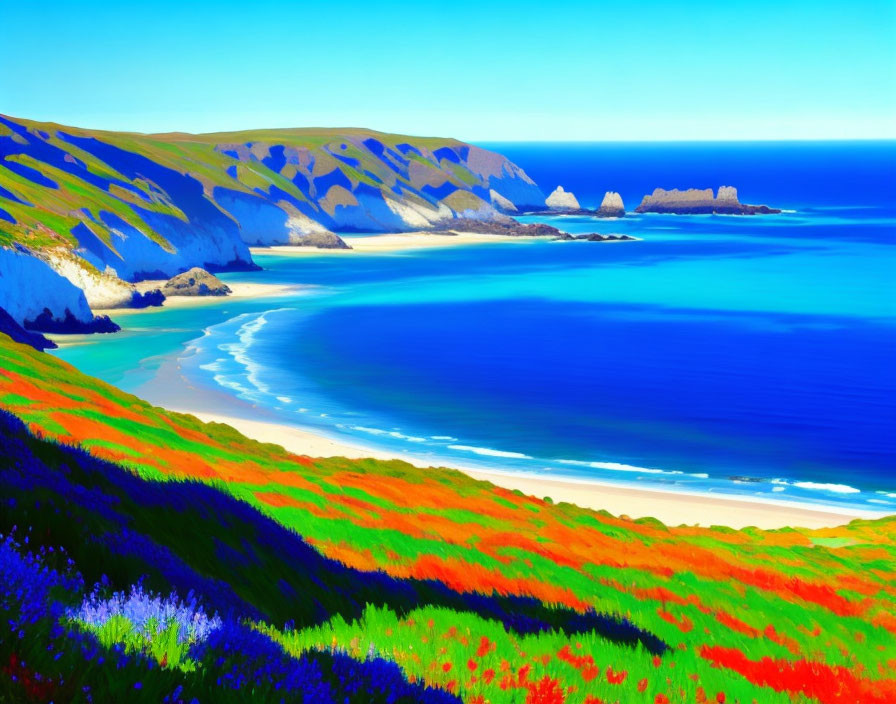 Scenic coastal landscape with blue waters, white cliffs, sandy beach, and wildflowers