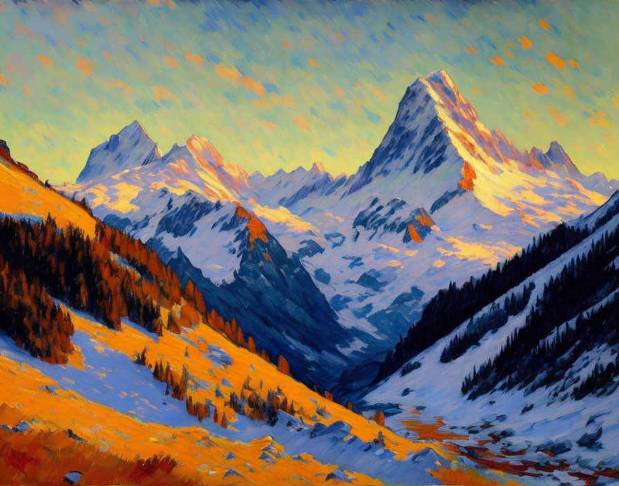 Mountainous landscape painting: vibrant sunset colors and cool shadows