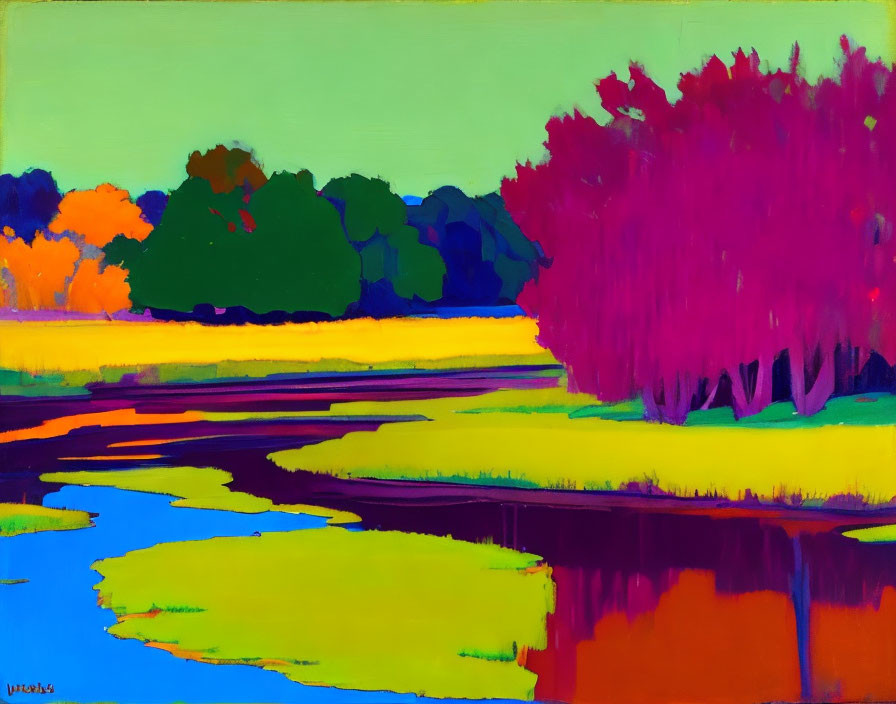 Colorful Landscape Painting with Fluorescent Skies & Vibrant Nature