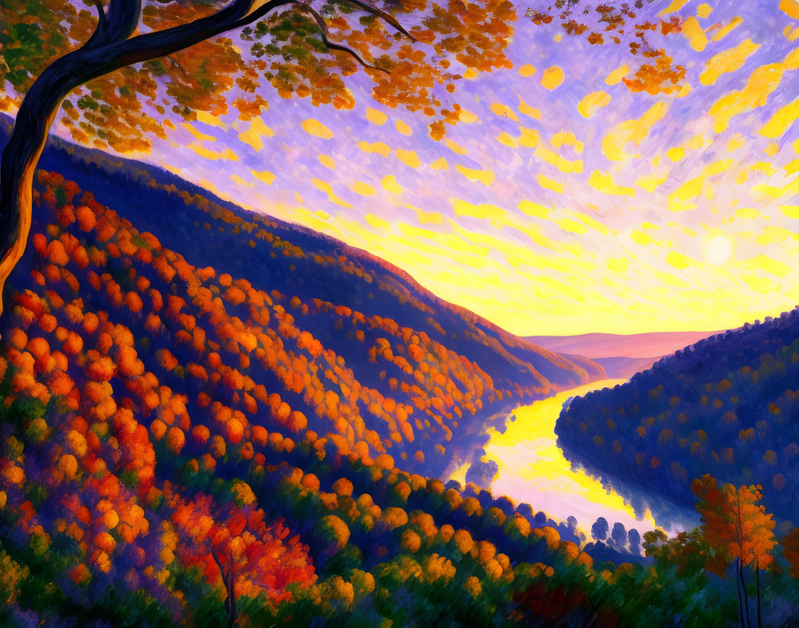 Colorful autumn landscape with winding river and sunset sky