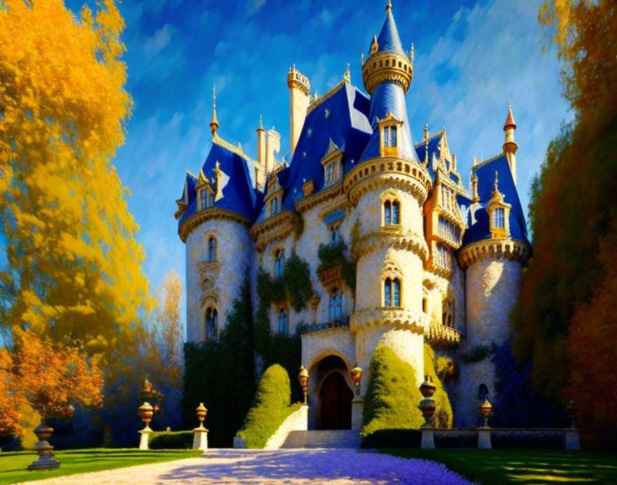 Castle with blue roofs amidst autumn trees under bright blue sky