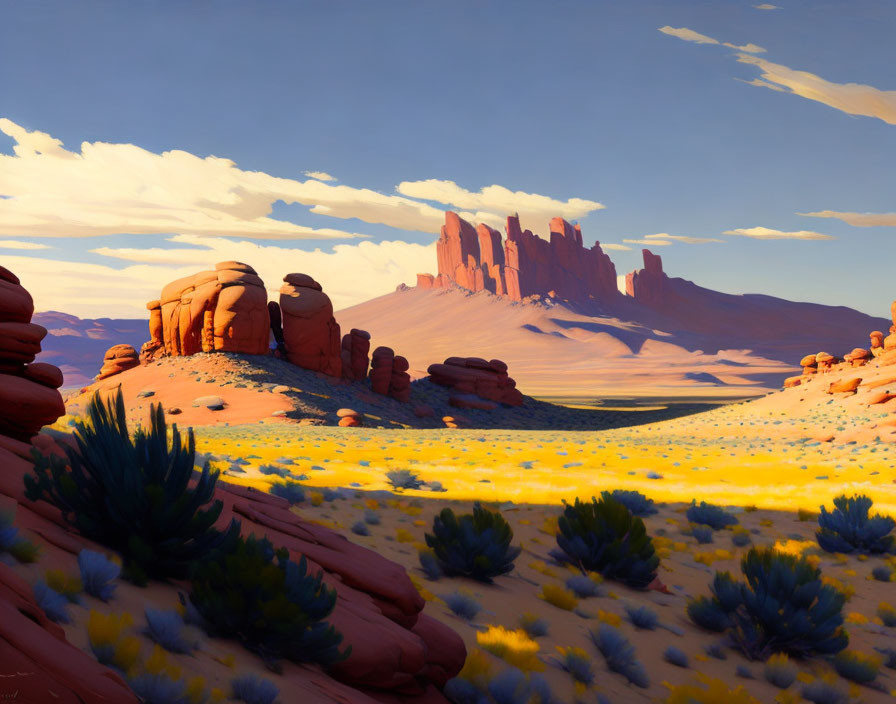 Colorful Desert Landscape with Red Rocks, Green Shrubs, and Blue Sky