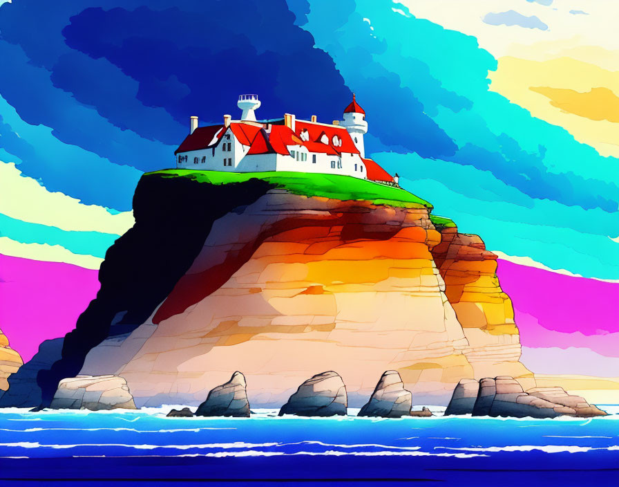 Vibrant lighthouse illustration on cliff with blue sky