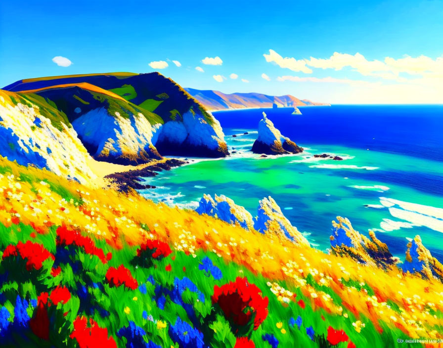 Scenic coastal landscape with flower field, white cliffs, and blue sea