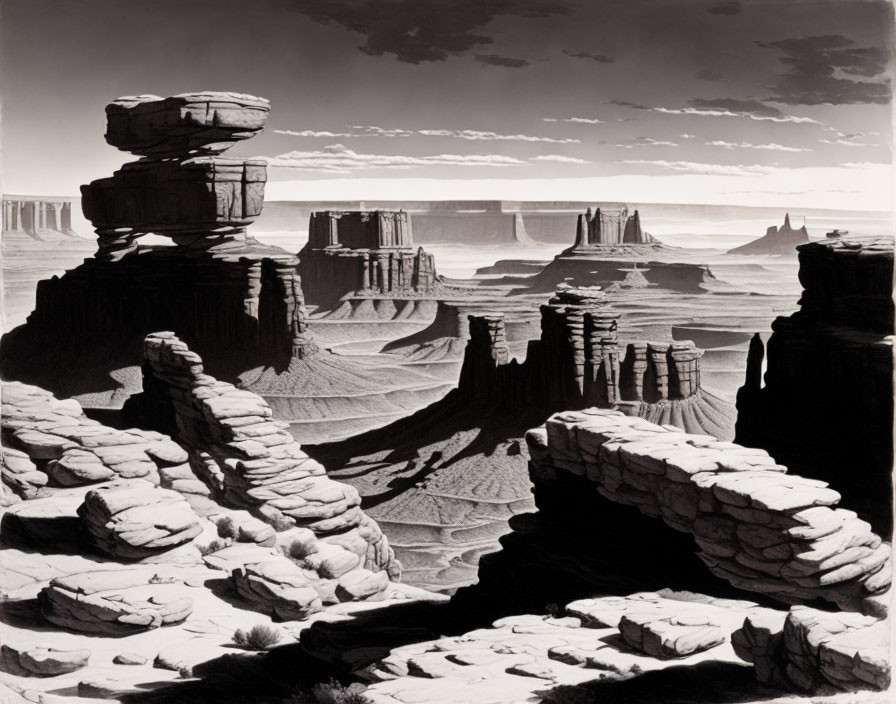 Desert landscape with rock formations under vast skies