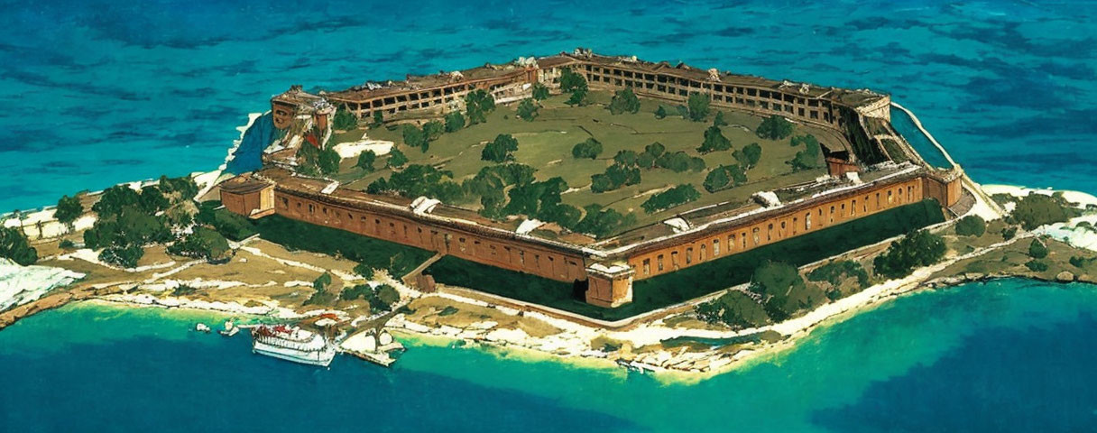 Star-shaped Island Fortress with Central Courtyard and Boat Nearby