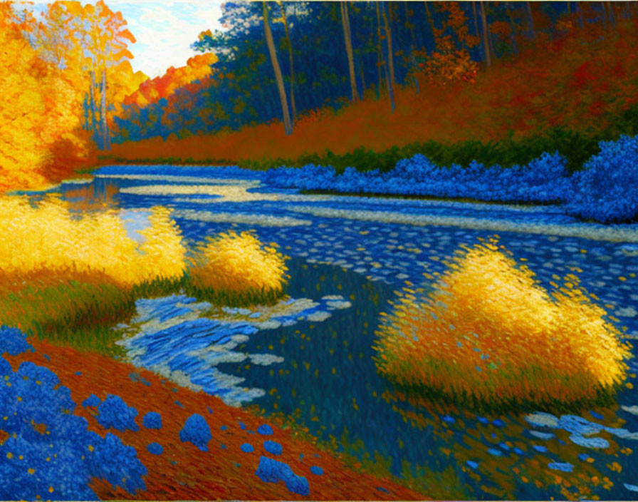 Colorful digital painting of autumn river with yellow and orange trees and blue floral details