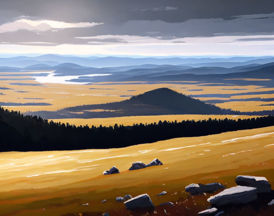 Stylized landscape painting: Golden field, rocks, dark forests, hills, cloudy sky