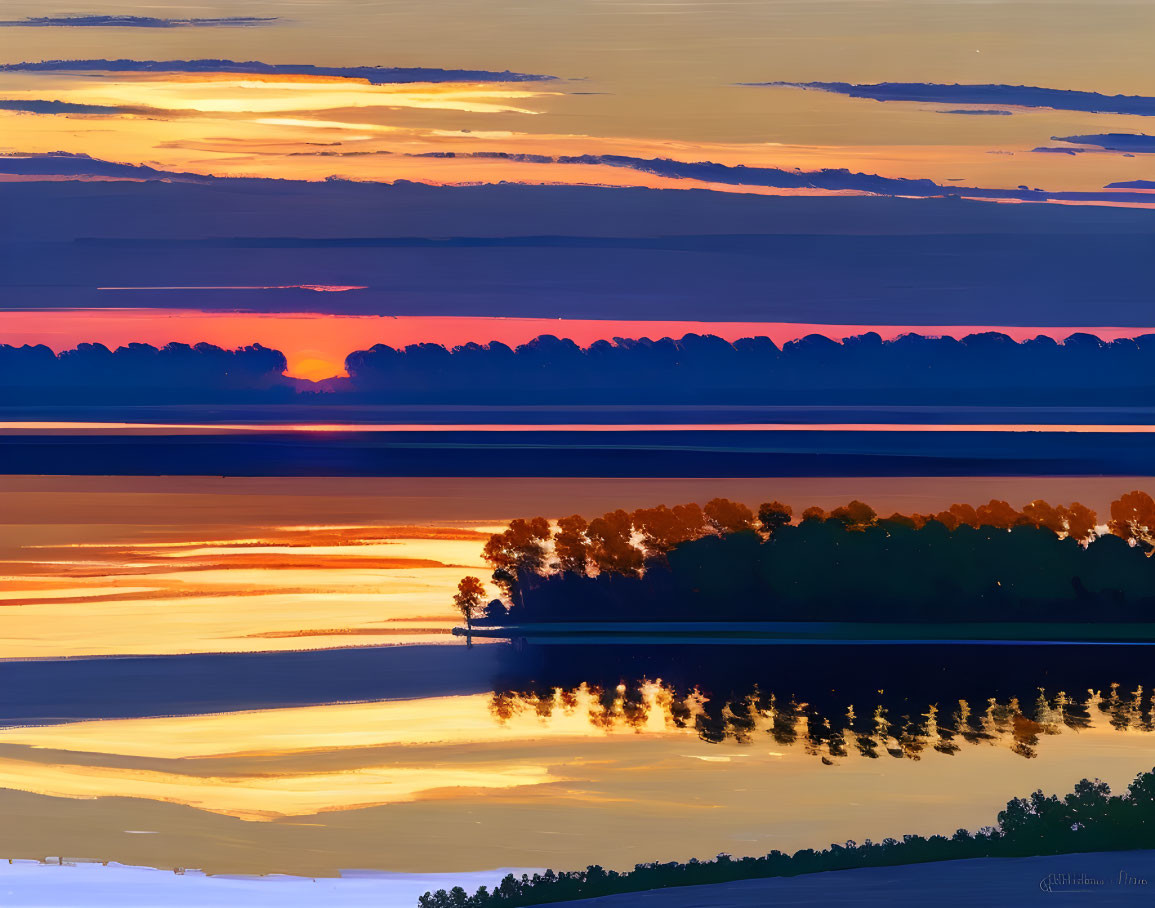 Tranquil sunrise over reflective lake with clouds and silhouetted island