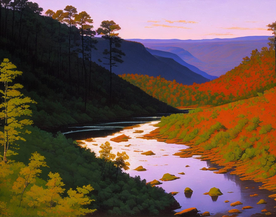 Scenic autumn landscape with river, forests, and mountains