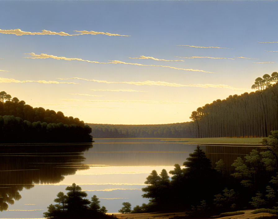 Tranquil Dawn Scene: Lake Reflection of Trees and Light Clouds