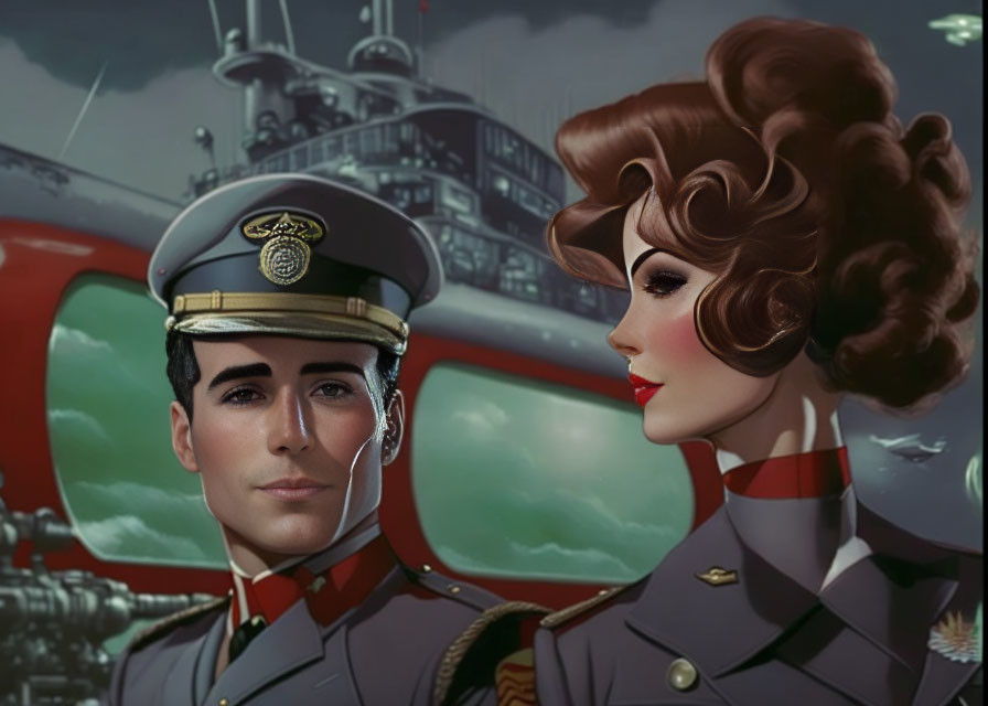 Vintage military couple in naval officer's uniform with helicopter backdrop