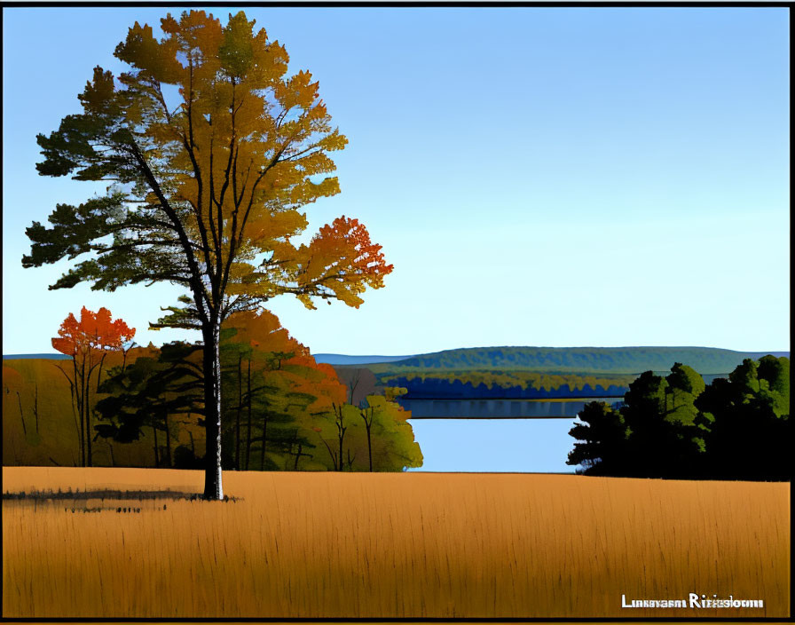 Vibrant autumn tree by tranquil lake and hills