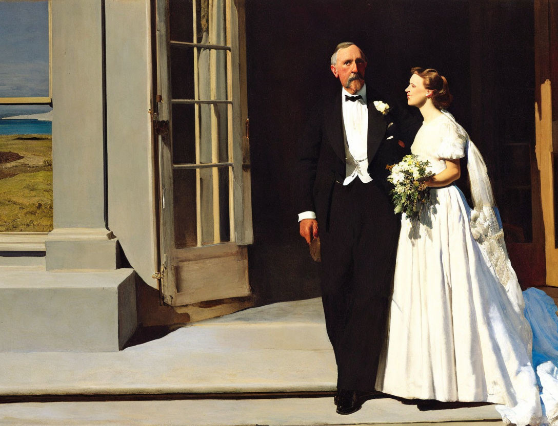 Elderly man and young woman in formal attire on porch with seascape