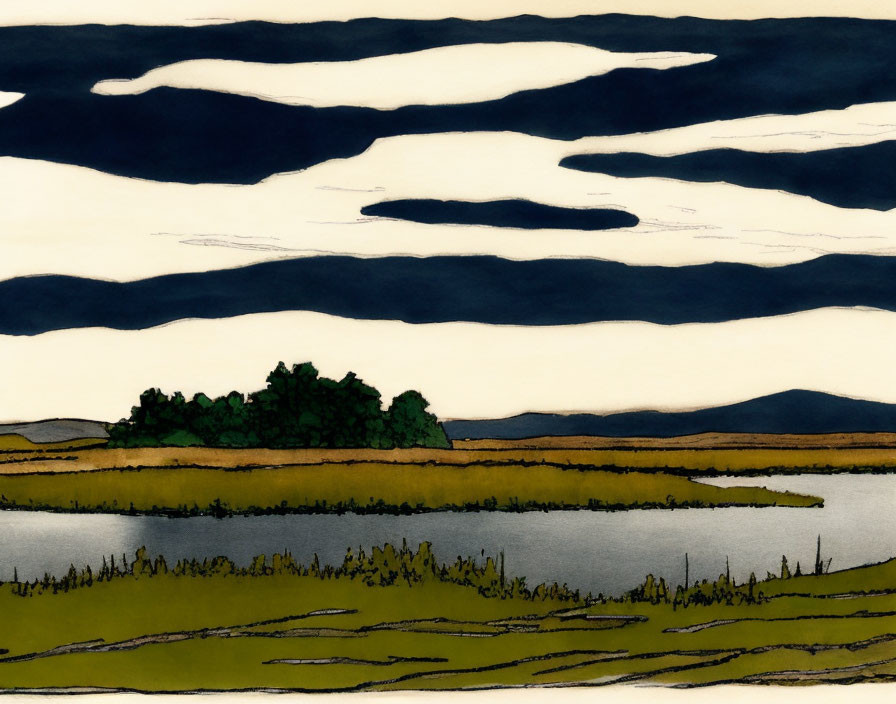 Stylized landscape with water, fields, trees, and clouds